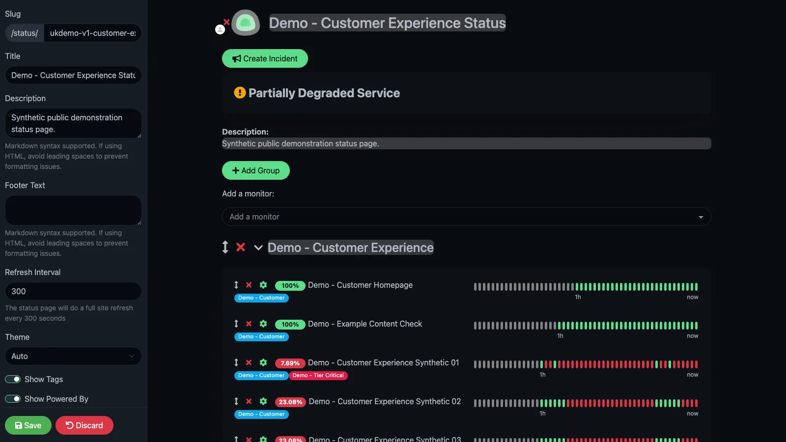 Edit customer experience status page in the Uptime Kuma desktop interface