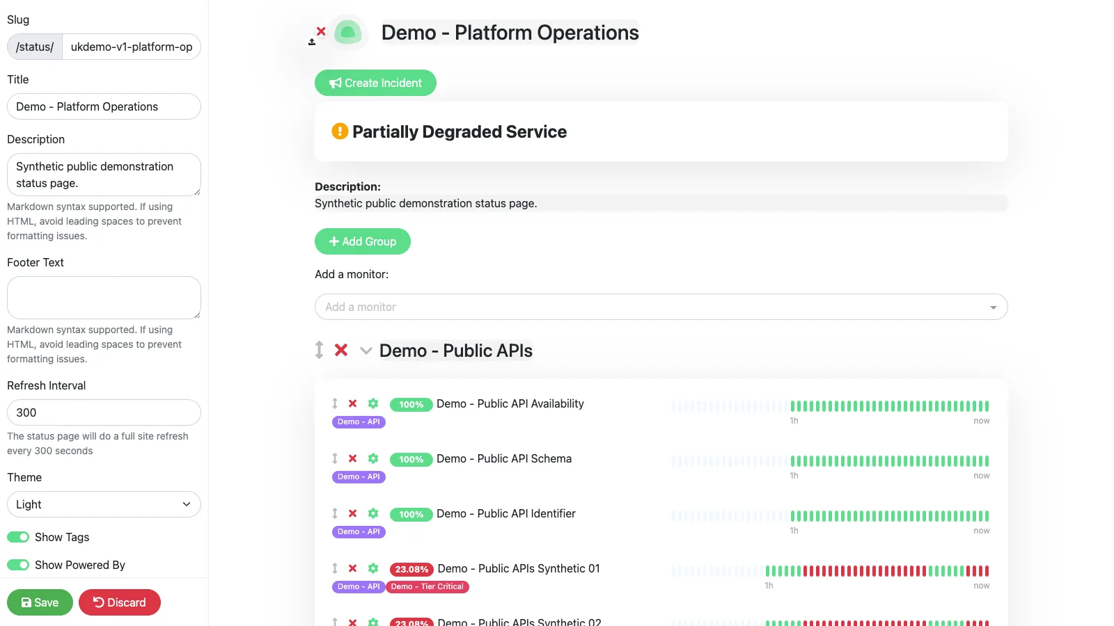 Edit platform operations status page in the Uptime Kuma desktop interface