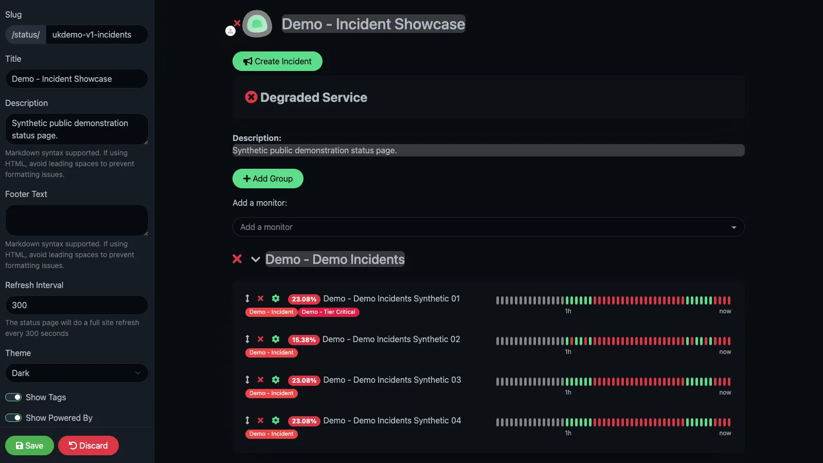 Edit incident showcase status page in the Uptime Kuma desktop interface