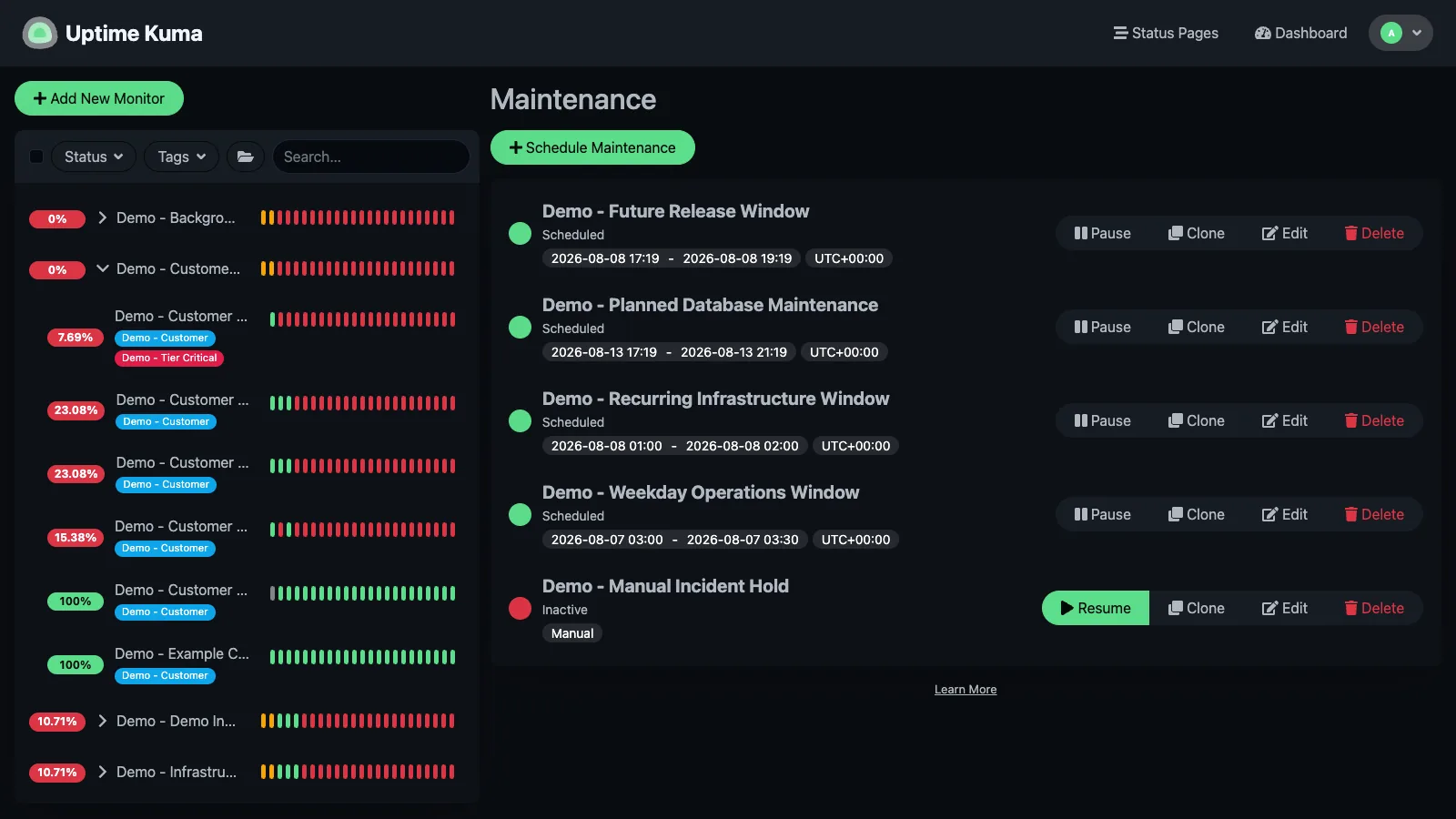 Maintenance list in the Uptime Kuma desktop interface