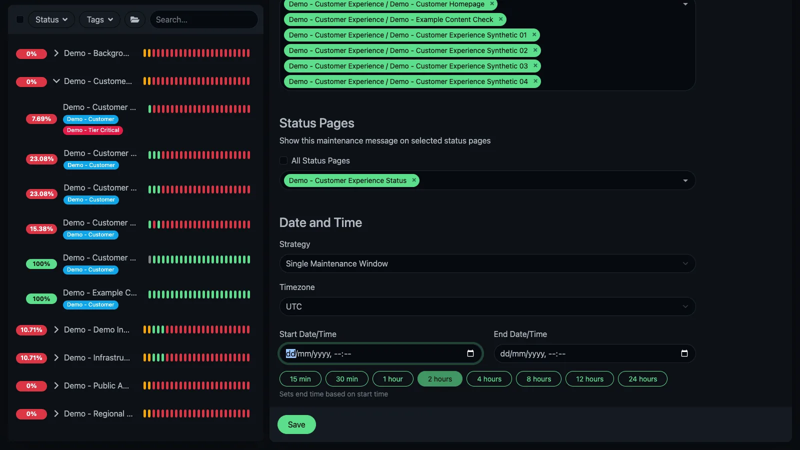 Maintenance date calendar in the Uptime Kuma desktop interface