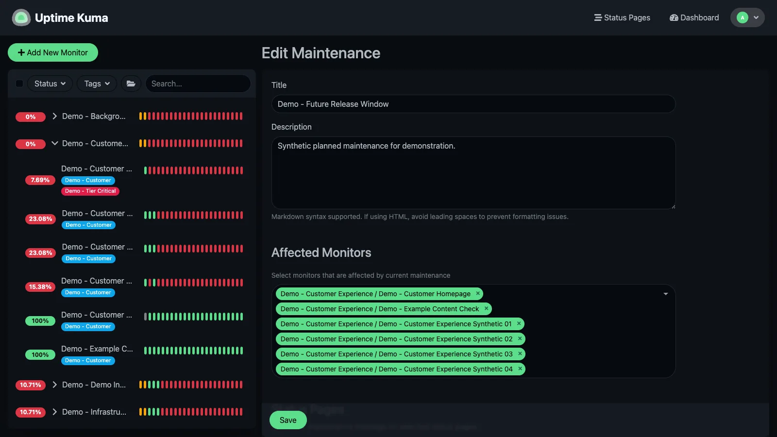 Future release maintenance details in the Uptime Kuma desktop interface