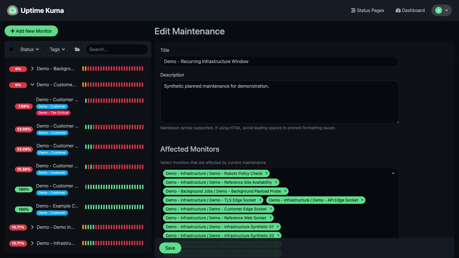 Recurring maintenance details in the Uptime Kuma desktop interface