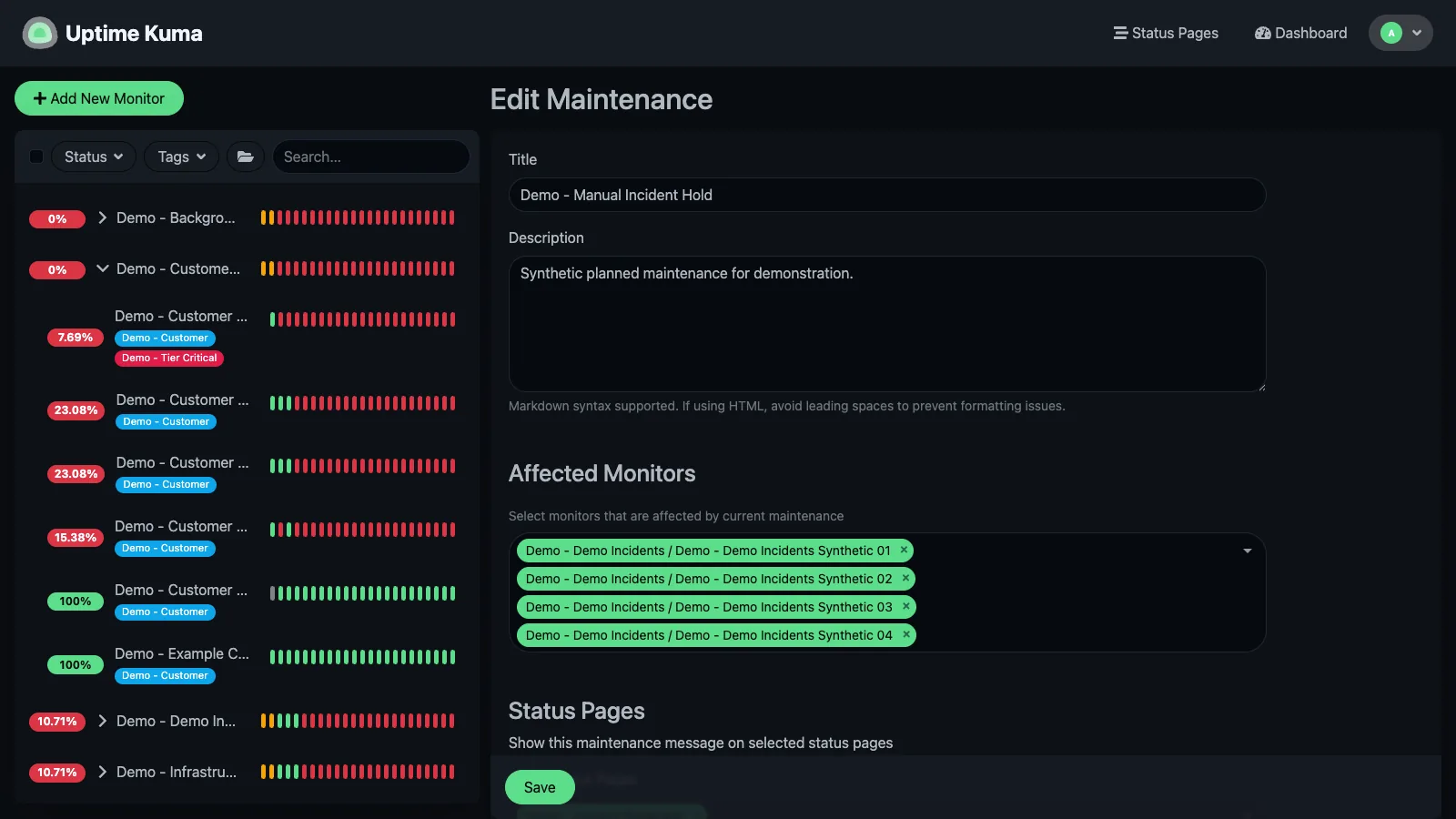 Edit manual incident maintenance in the Uptime Kuma desktop interface