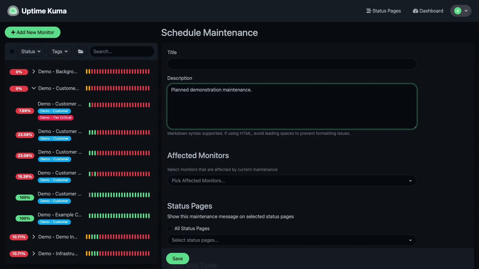 Add maintenance form in the Uptime Kuma desktop interface