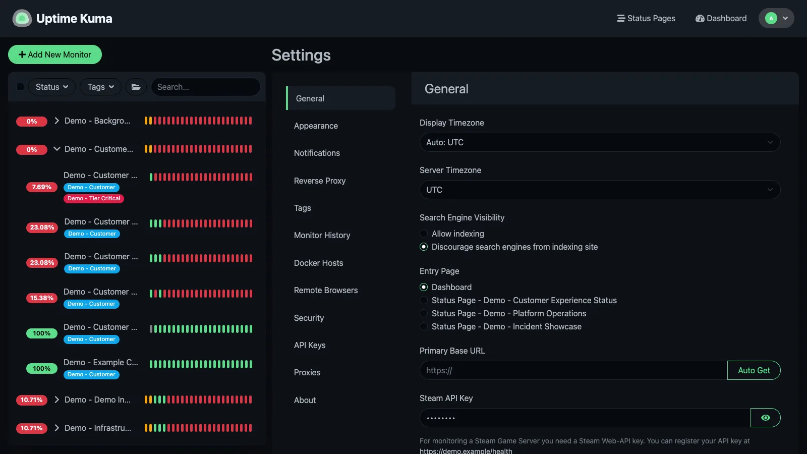 General settings in the Uptime Kuma desktop interface