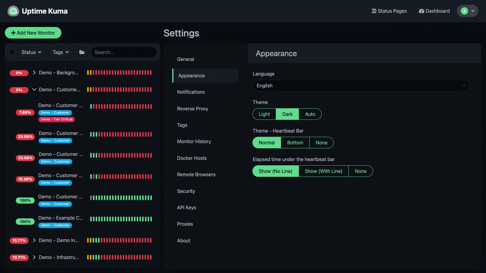 Appearance settings in the Uptime Kuma desktop interface