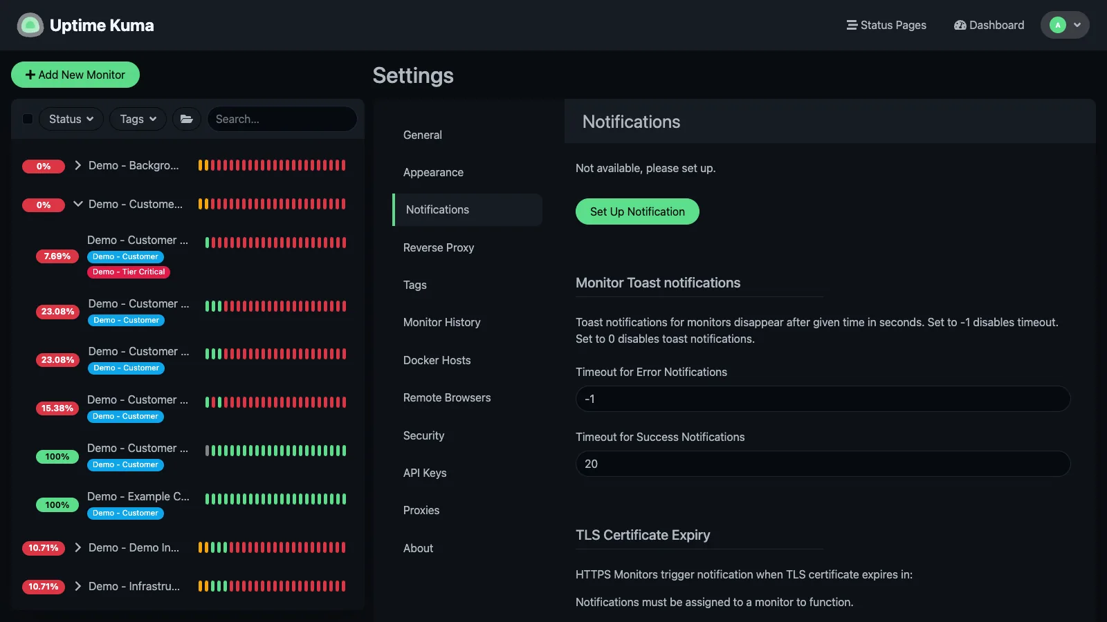 Notification providers list in the Uptime Kuma desktop interface