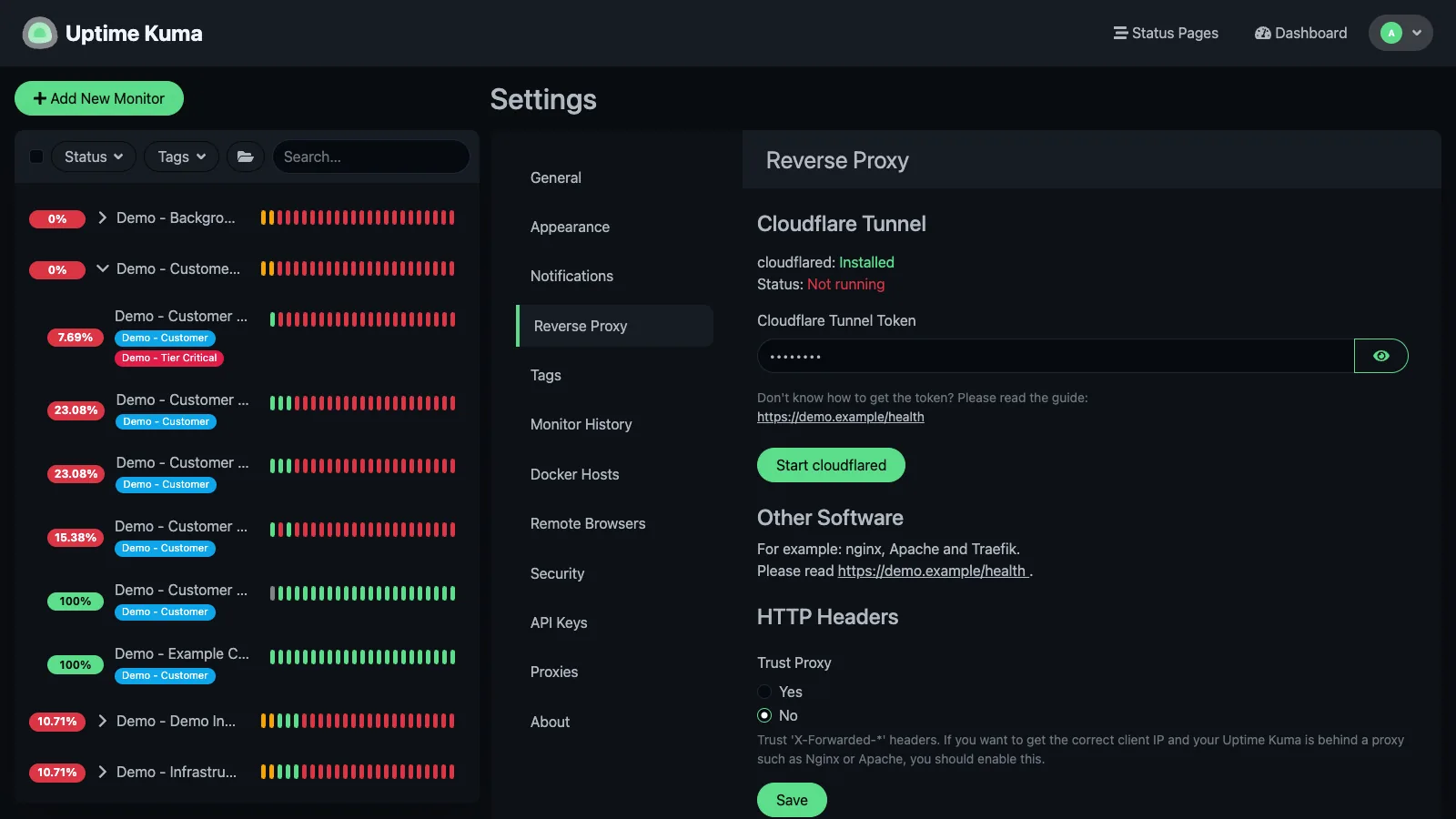 Reverse proxy settings in the Uptime Kuma desktop interface