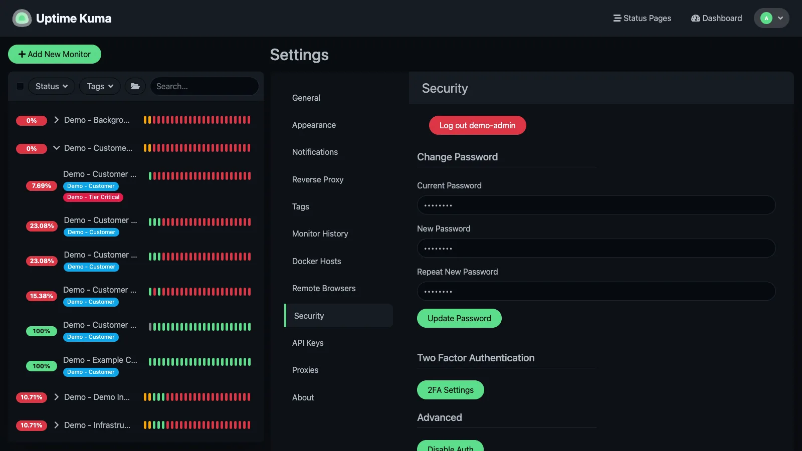 Security settings in the Uptime Kuma desktop interface