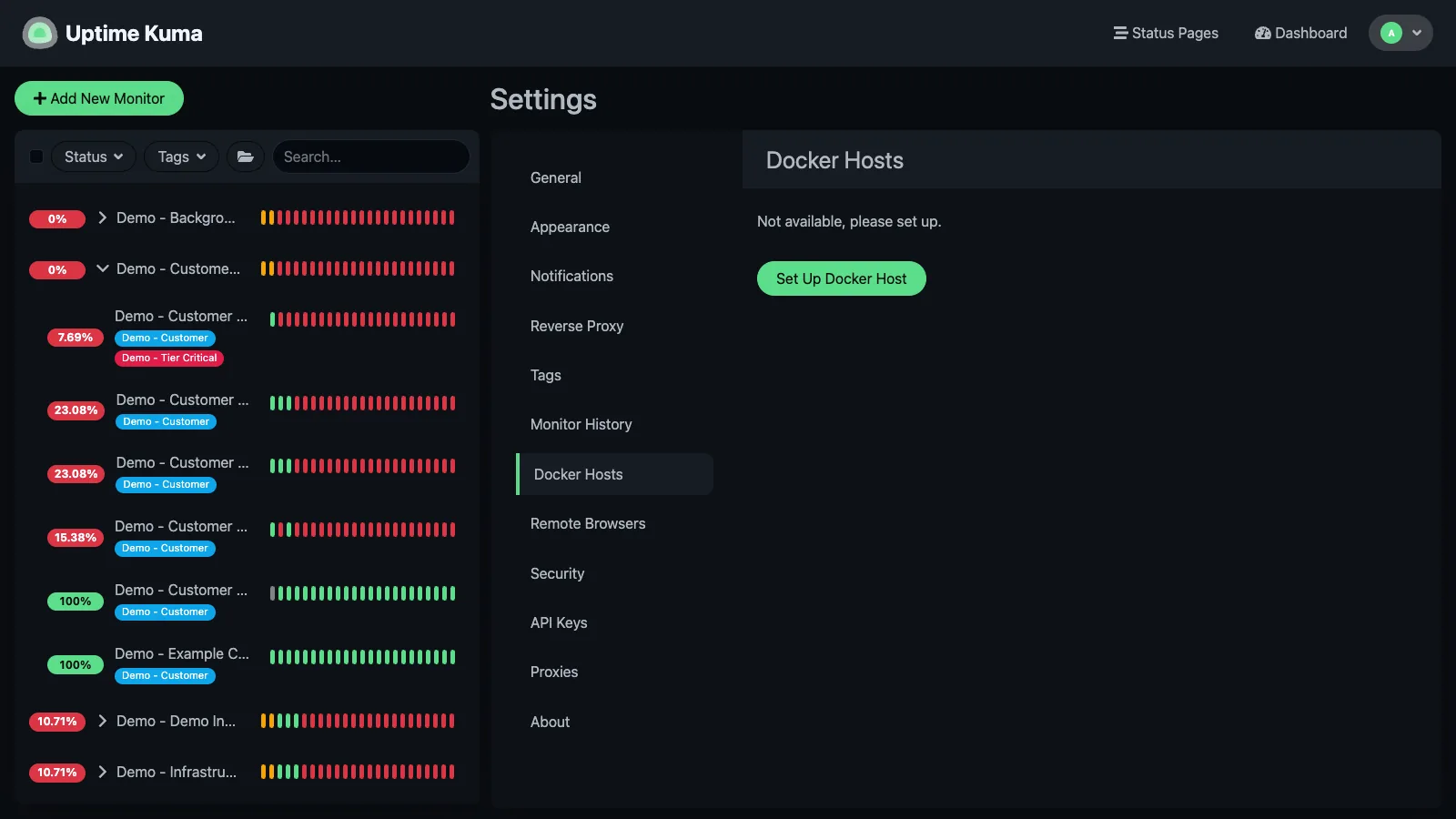 Docker hosts settings in the Uptime Kuma desktop interface