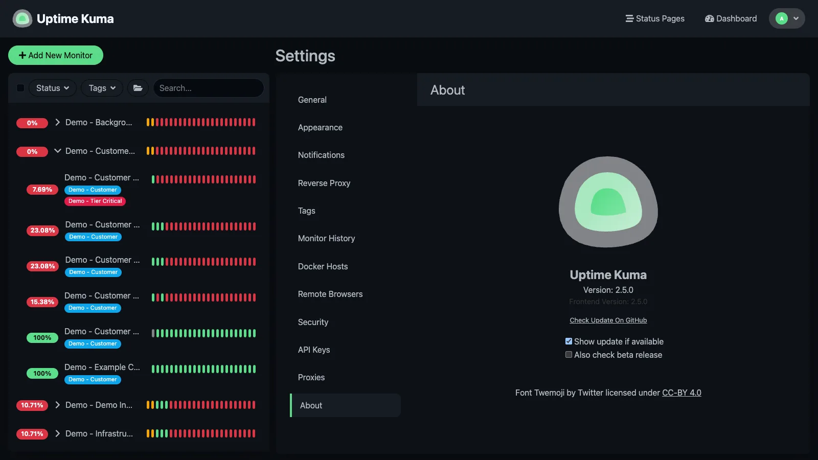 About Uptime Kuma in the Uptime Kuma desktop interface