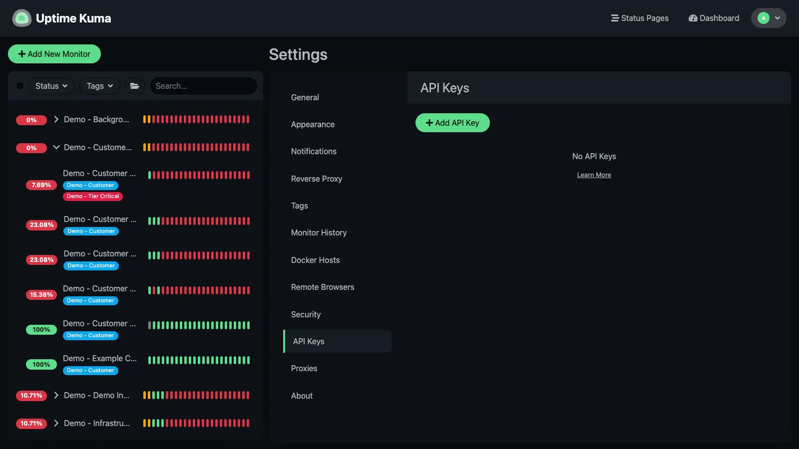 API keys settings in the Uptime Kuma desktop interface