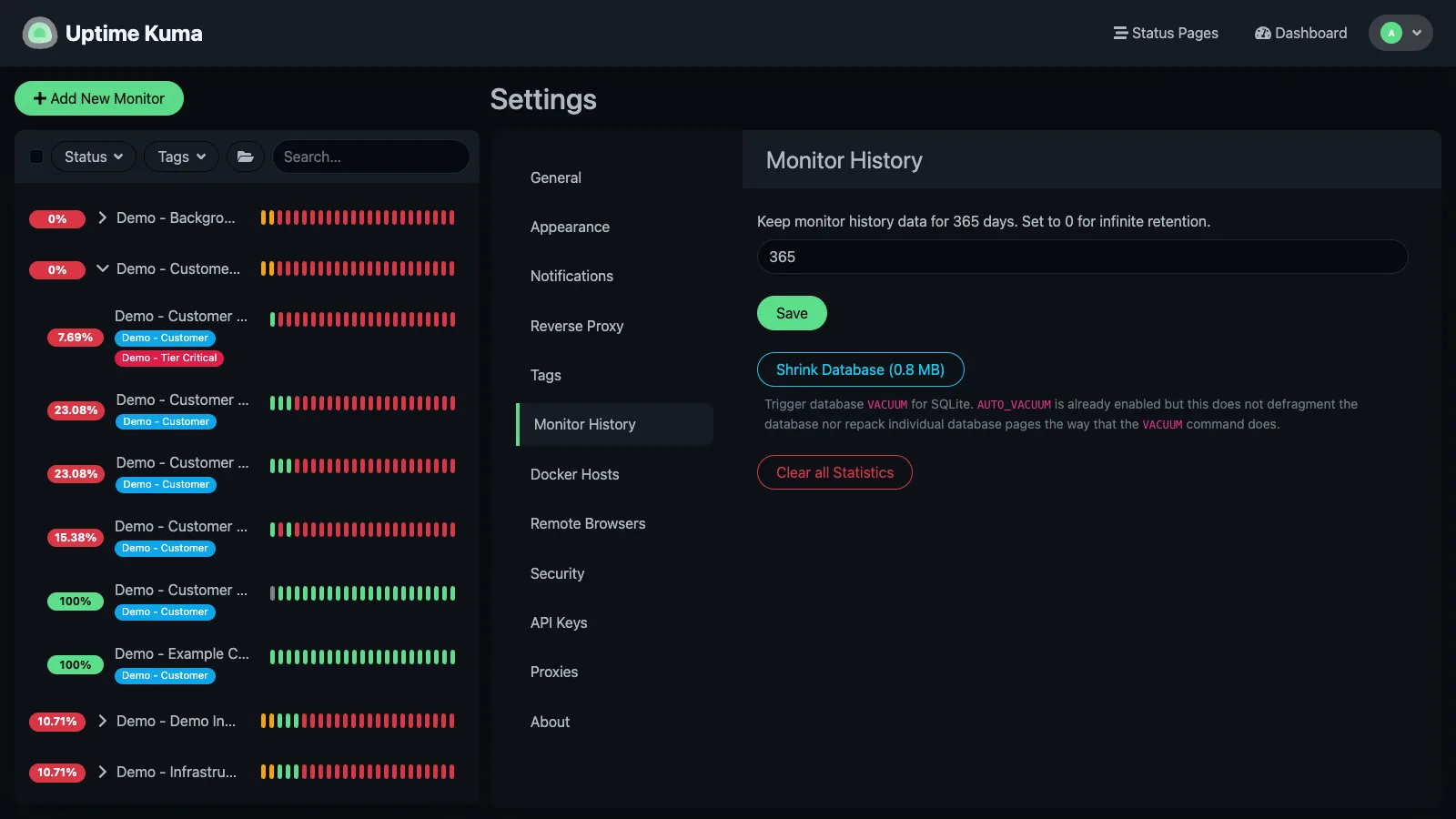 Monitor history settings in the Uptime Kuma desktop interface