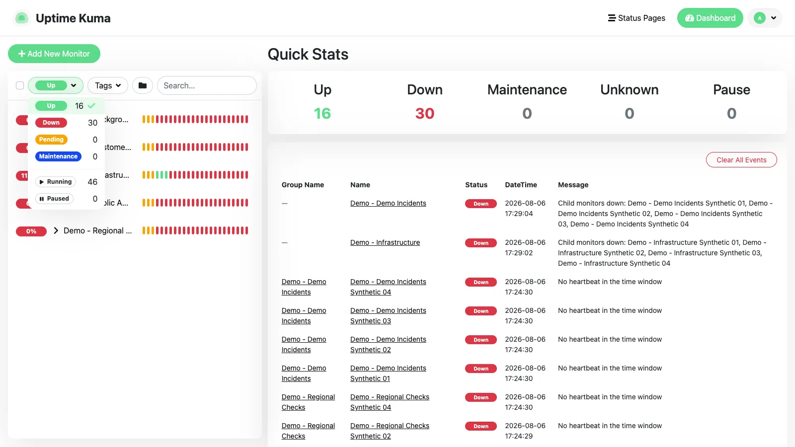 Up monitors filter in the Uptime Kuma desktop interface