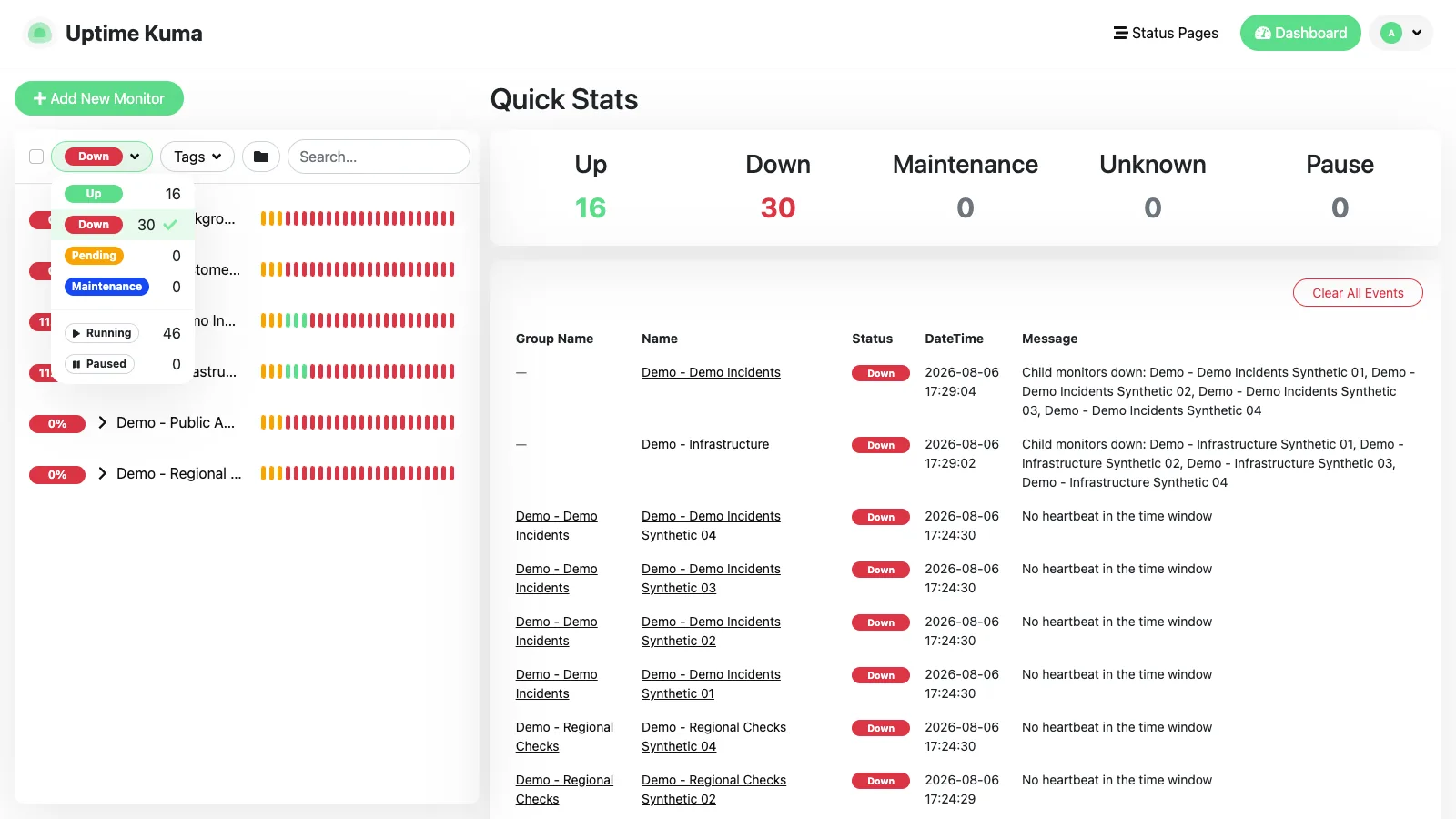 Down monitors filter in the Uptime Kuma desktop interface