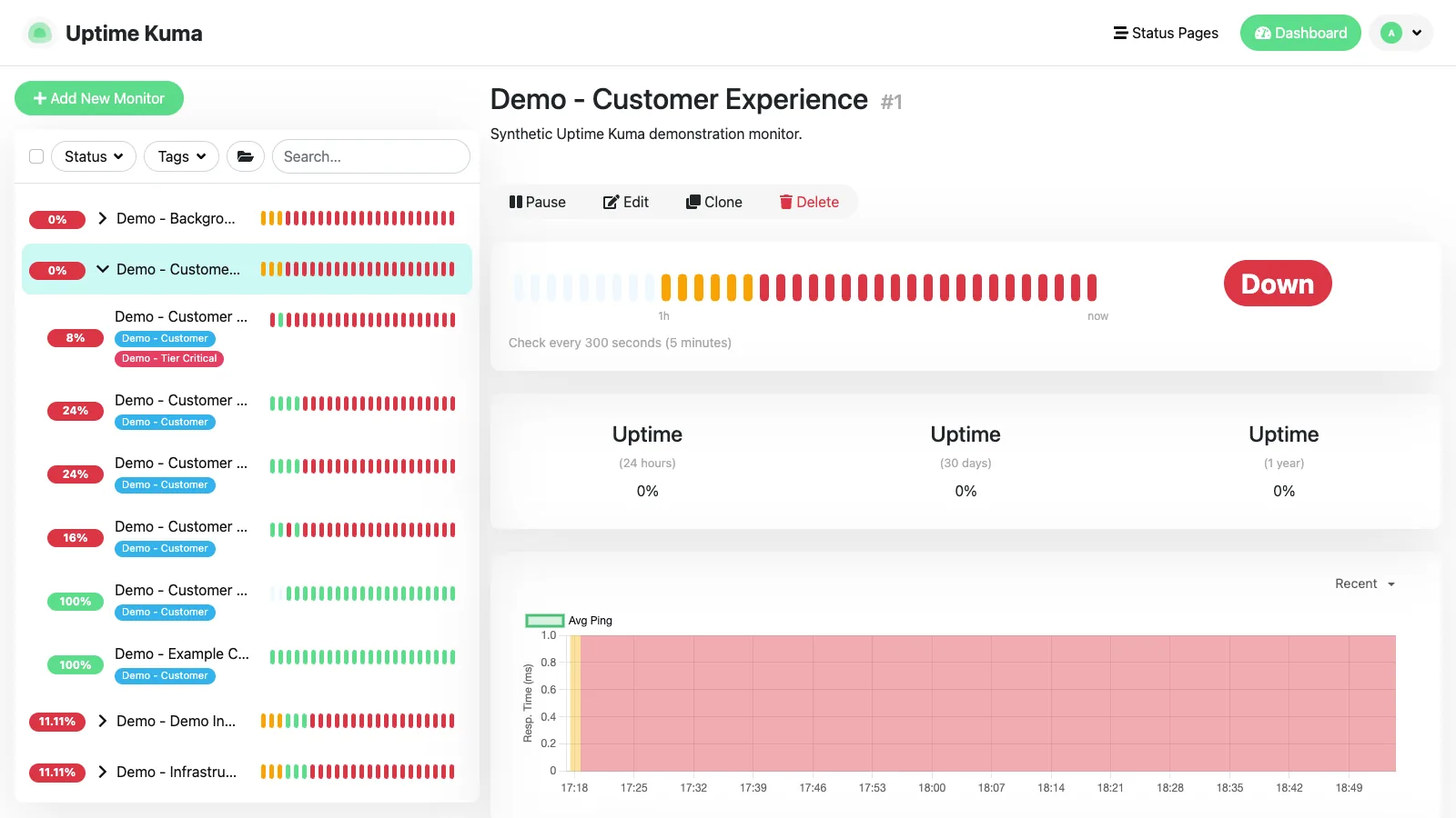 Customer experience group in the Uptime Kuma desktop interface