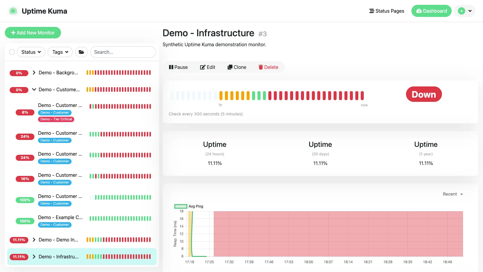 Infrastructure group in the Uptime Kuma desktop interface