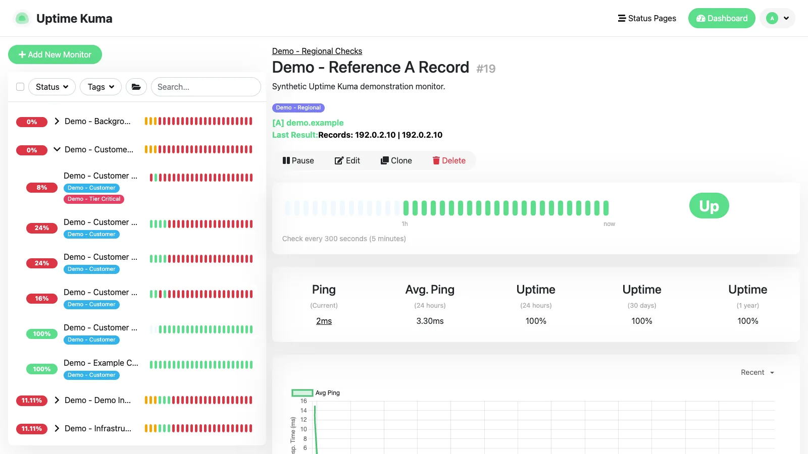 DNS monitor details in the Uptime Kuma desktop interface