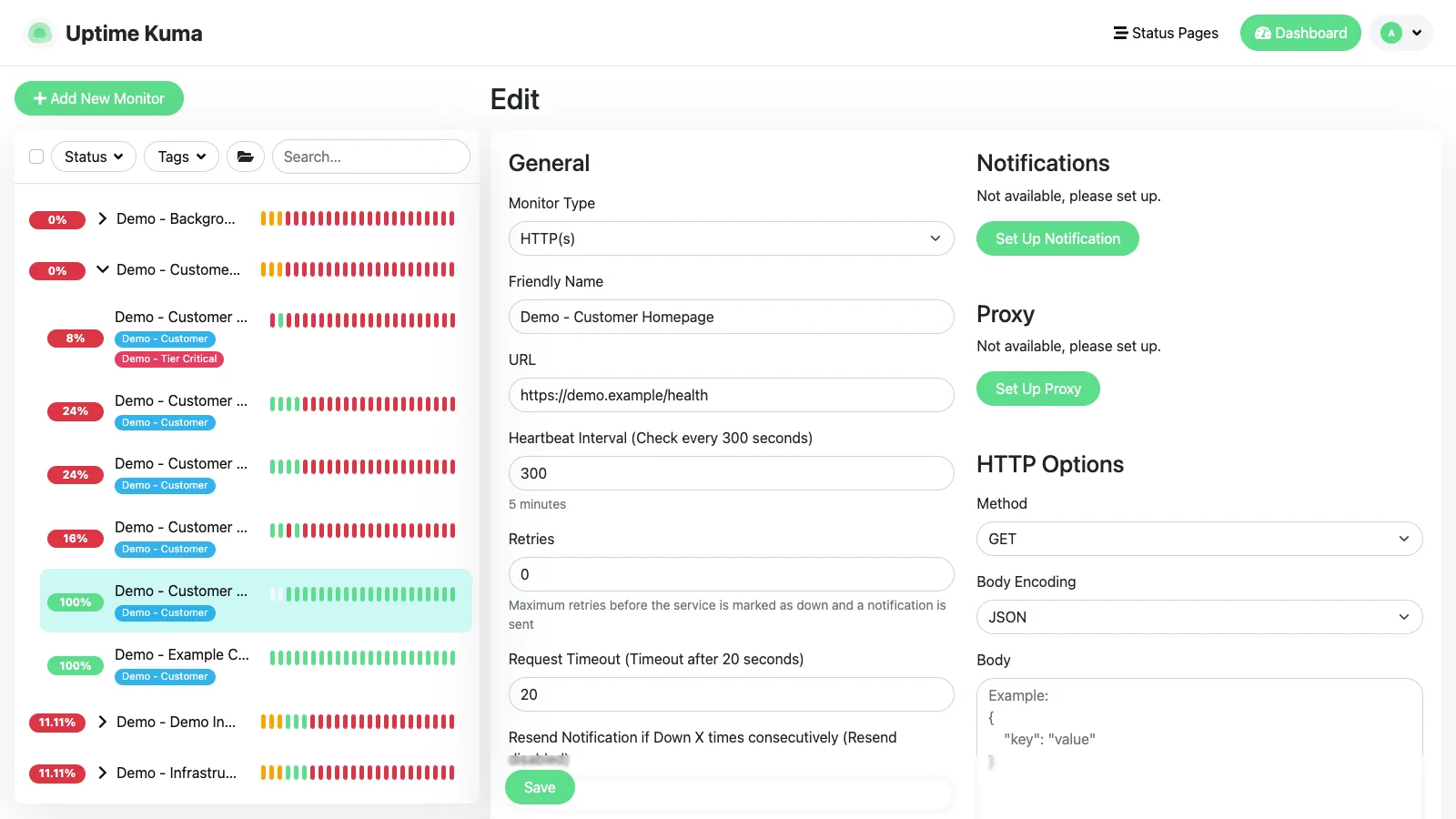 Edit HTTP monitor form in the Uptime Kuma desktop interface