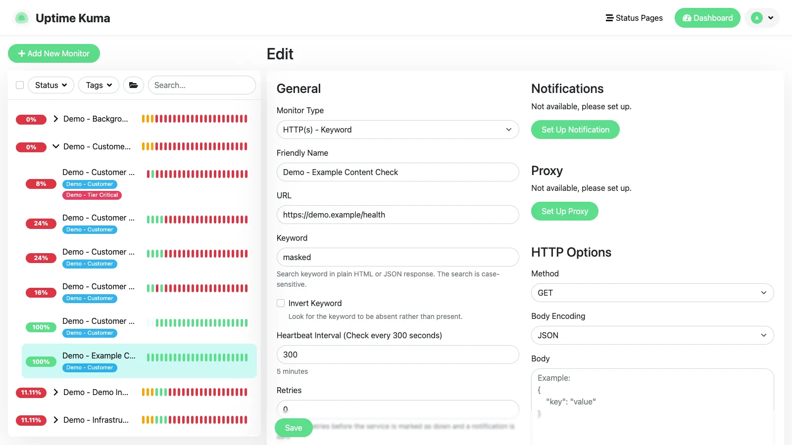 Edit keyword monitor form in the Uptime Kuma desktop interface