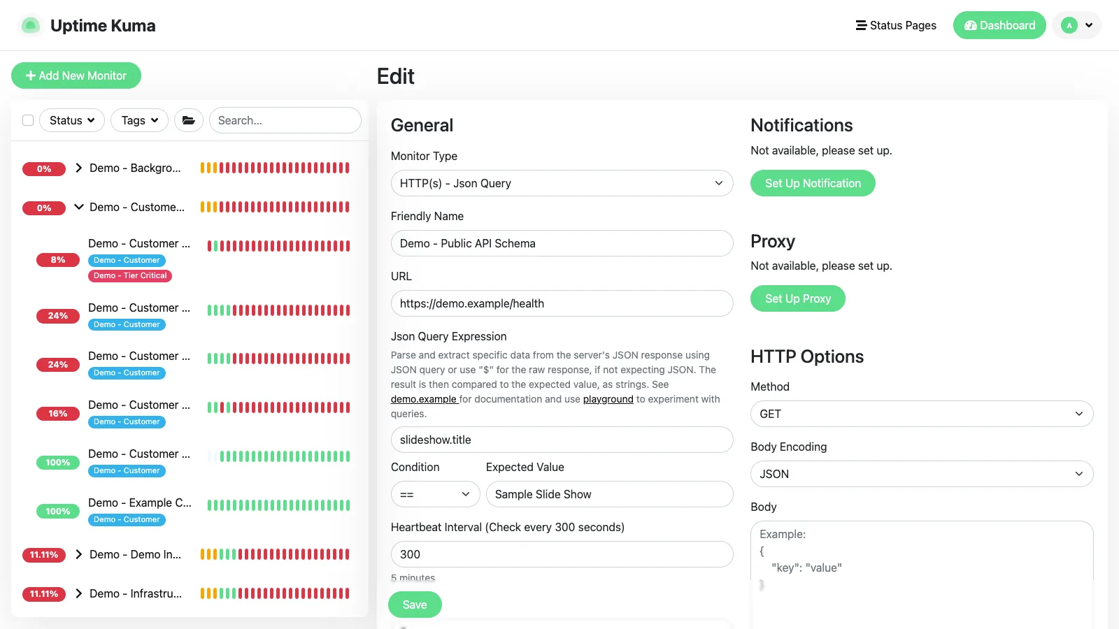 Edit JSON query monitor form in the Uptime Kuma desktop interface