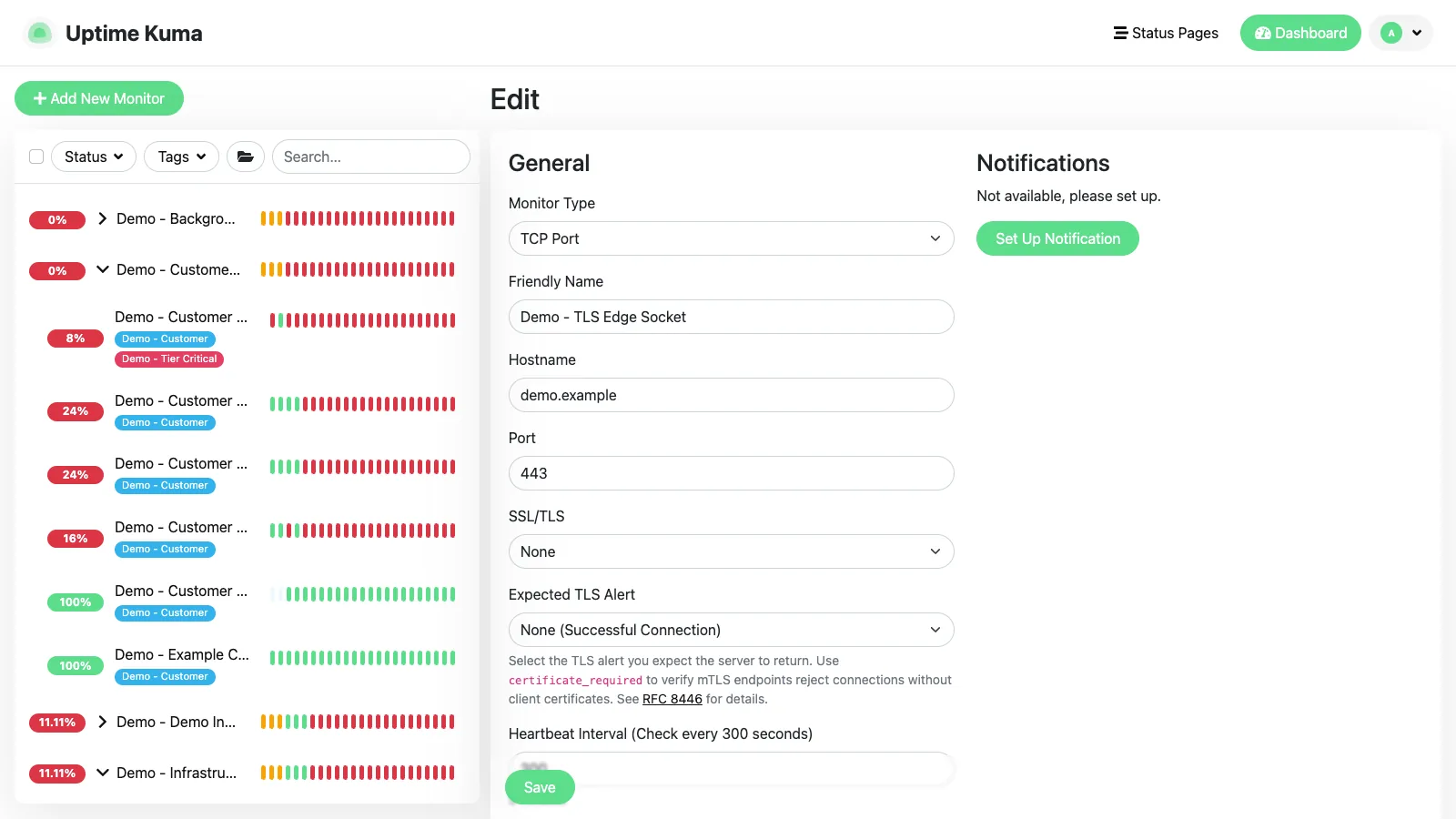 Edit TCP port monitor form in the Uptime Kuma desktop interface