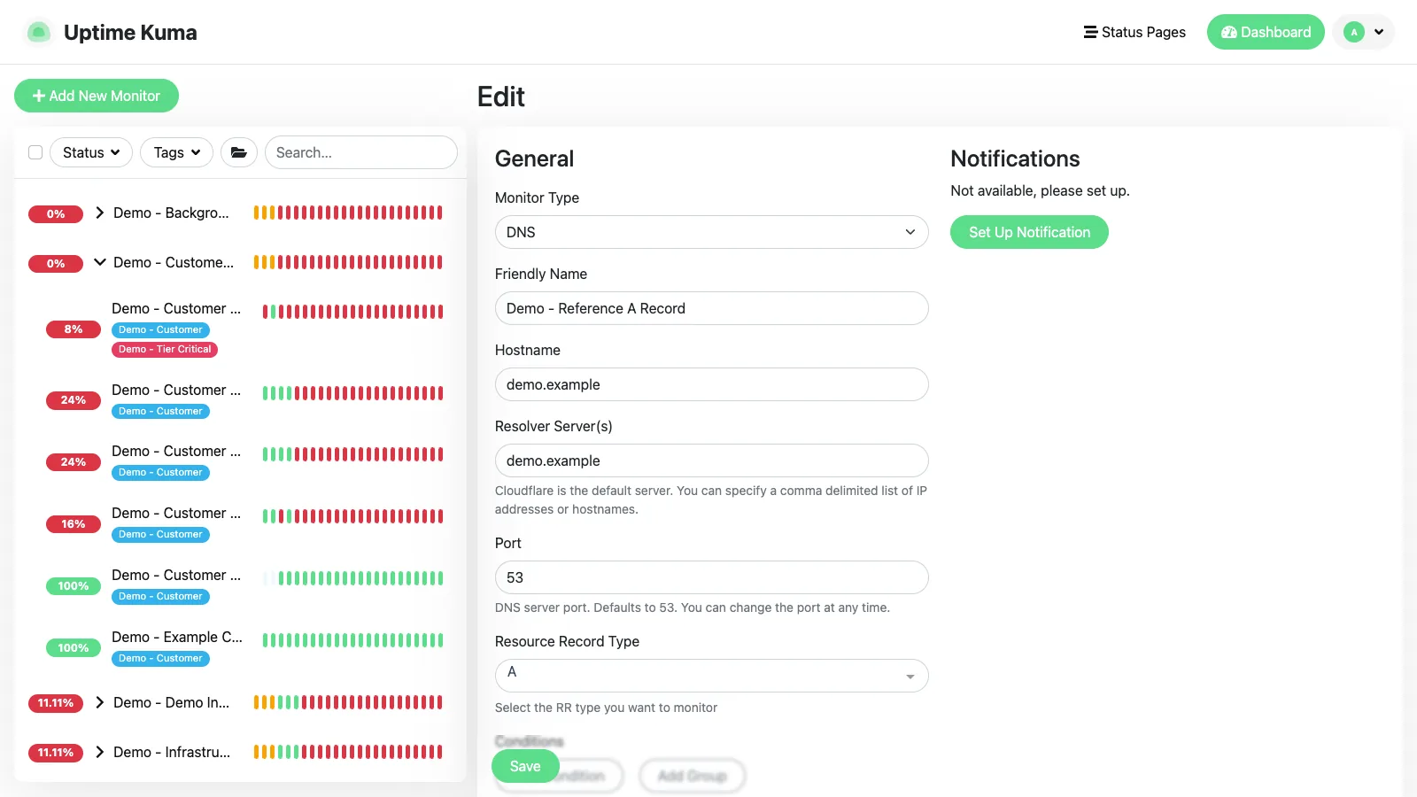Edit DNS monitor form in the Uptime Kuma desktop interface