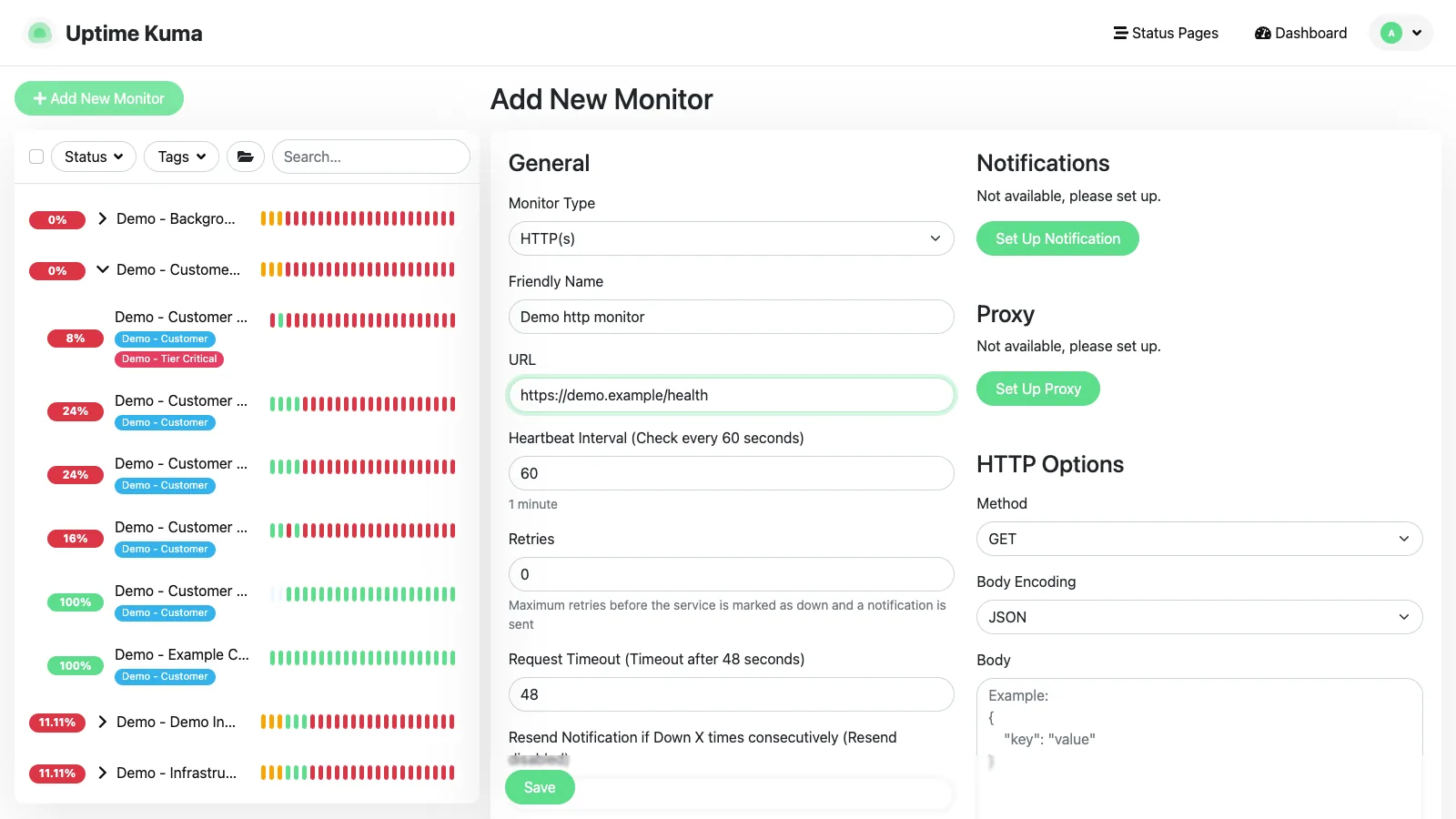 Add HTTP monitor form in the Uptime Kuma desktop interface