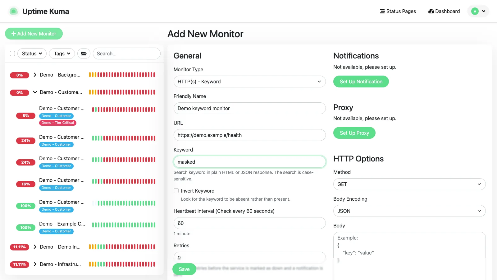 Add keyword monitor form in the Uptime Kuma desktop interface
