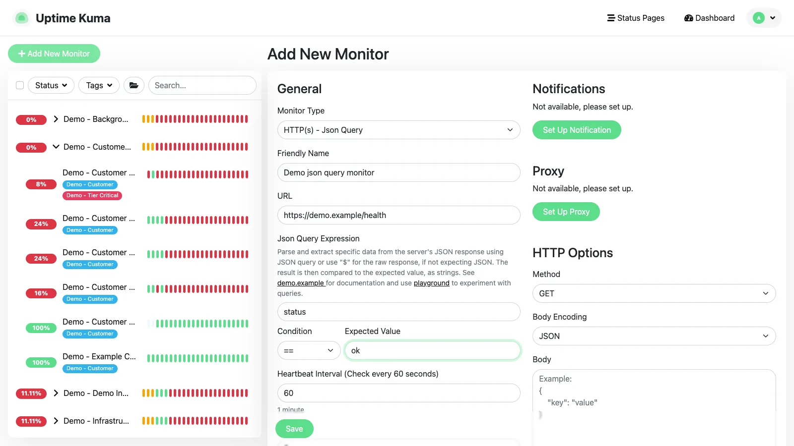 Add JSON query monitor form in the Uptime Kuma desktop interface