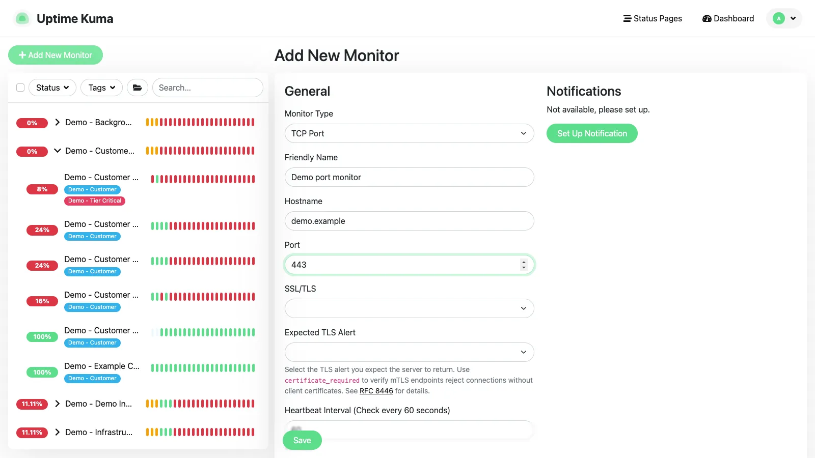 Add TCP port monitor form in the Uptime Kuma desktop interface