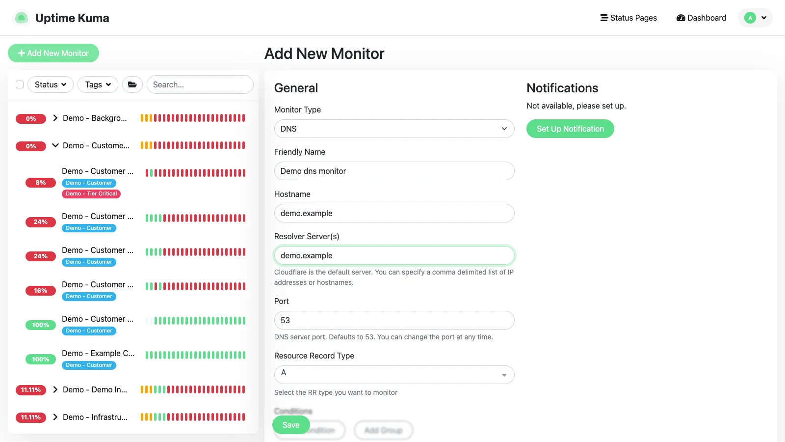 Add DNS monitor form in the Uptime Kuma desktop interface