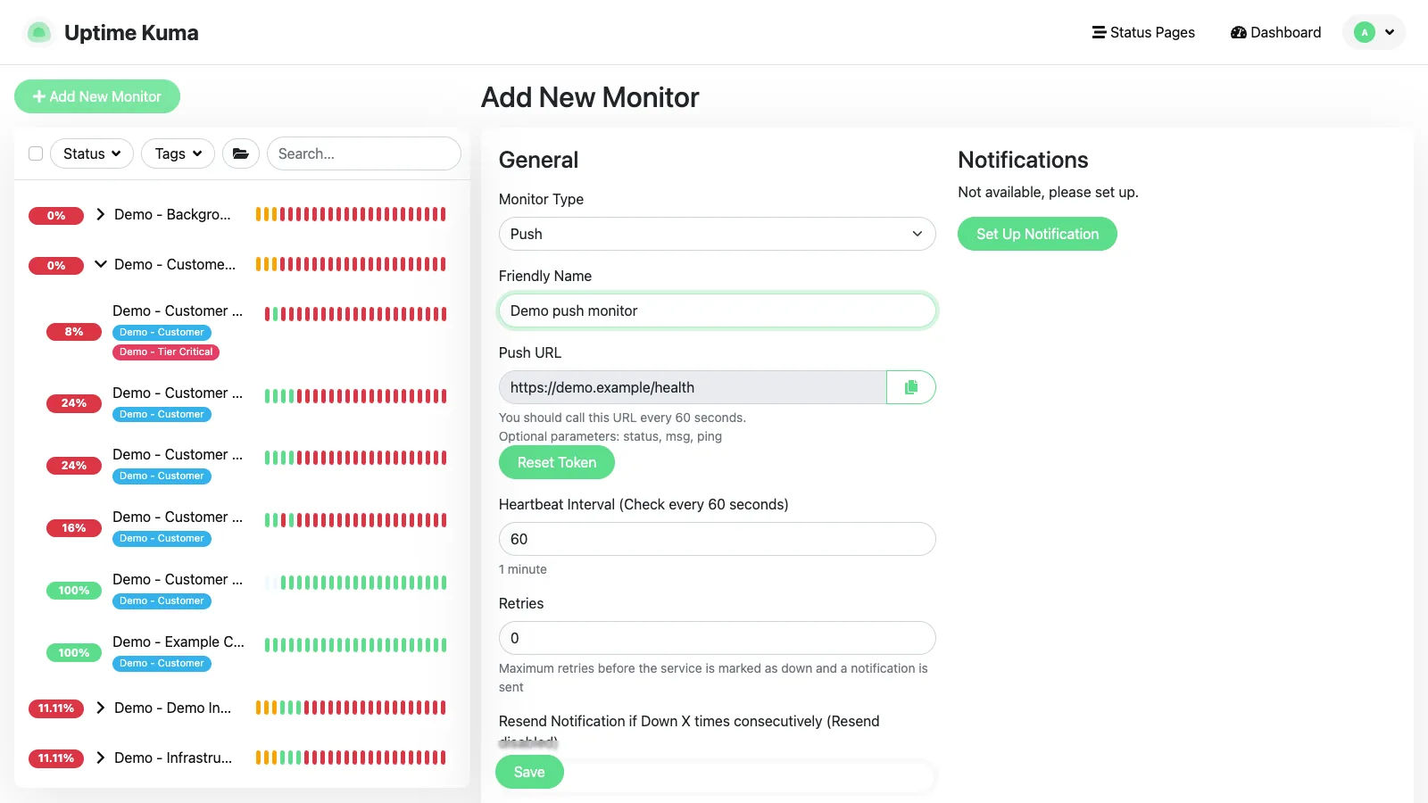 Add push monitor form in the Uptime Kuma desktop interface