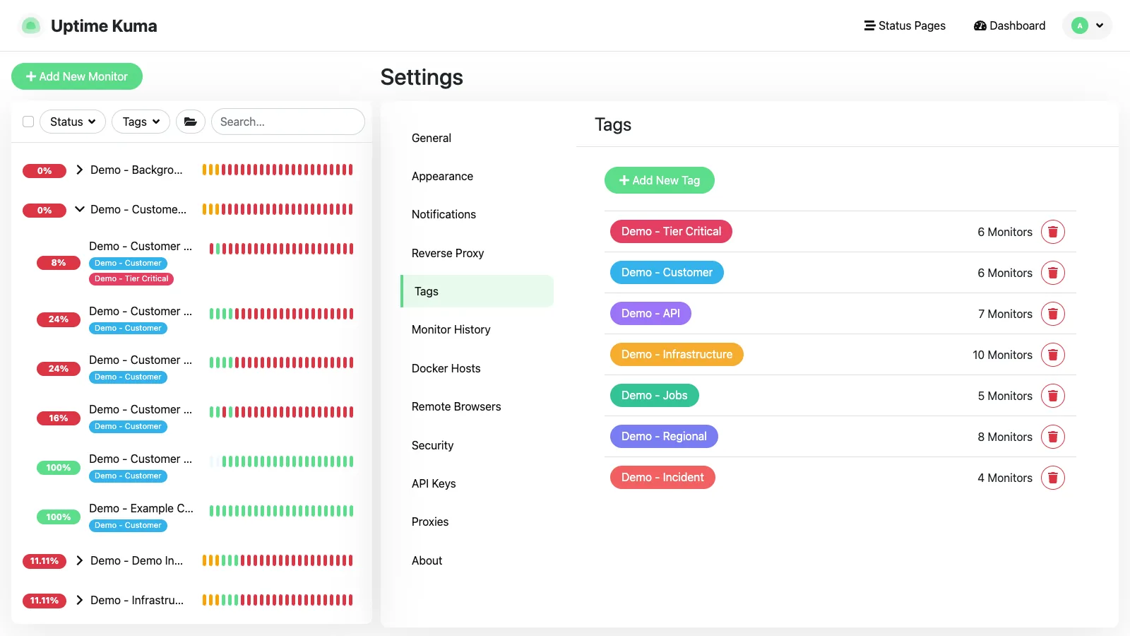 Tags management in the Uptime Kuma desktop interface