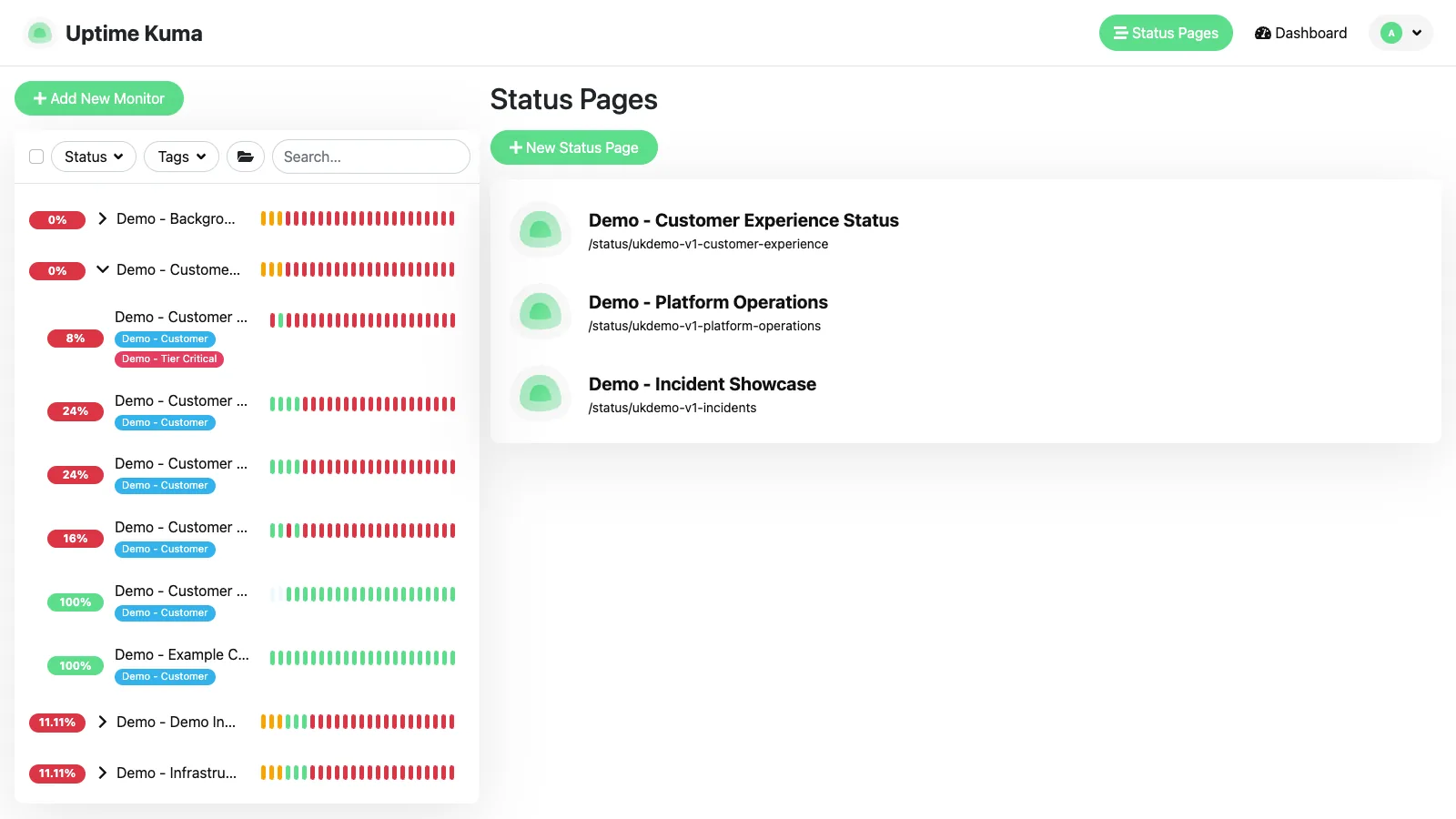 Status pages list in the Uptime Kuma desktop interface