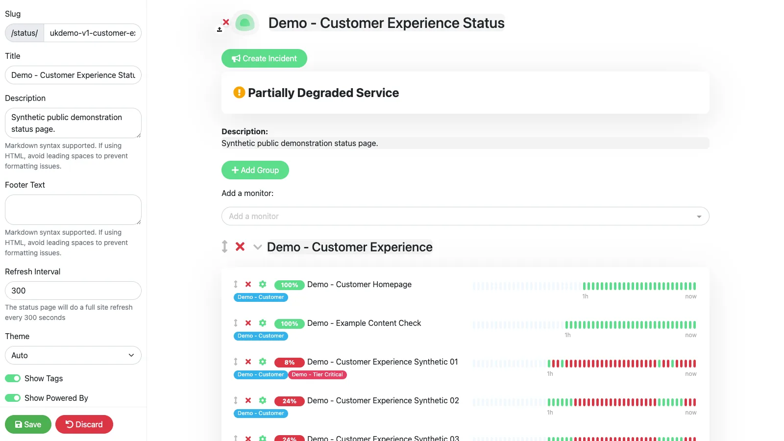 Edit customer experience status page in the Uptime Kuma desktop interface