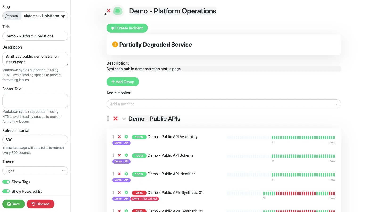 Edit platform operations status page in the Uptime Kuma desktop interface