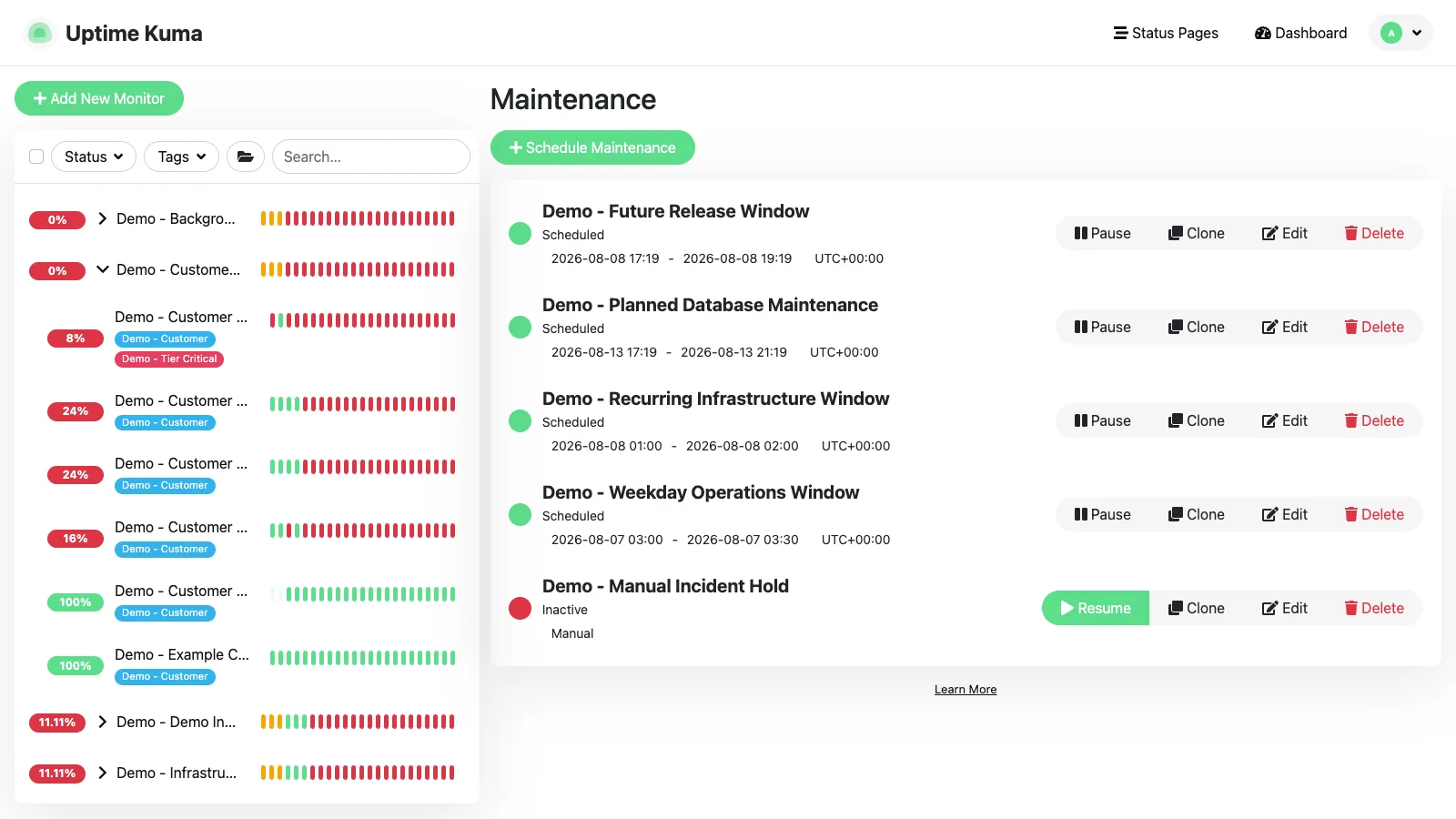 Maintenance list in the Uptime Kuma desktop interface
