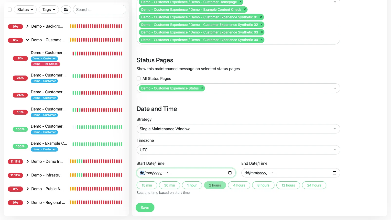 Maintenance date calendar in the Uptime Kuma desktop interface