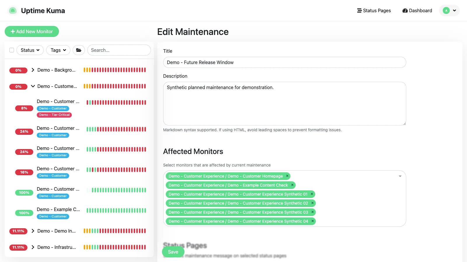 Future release maintenance details in the Uptime Kuma desktop interface