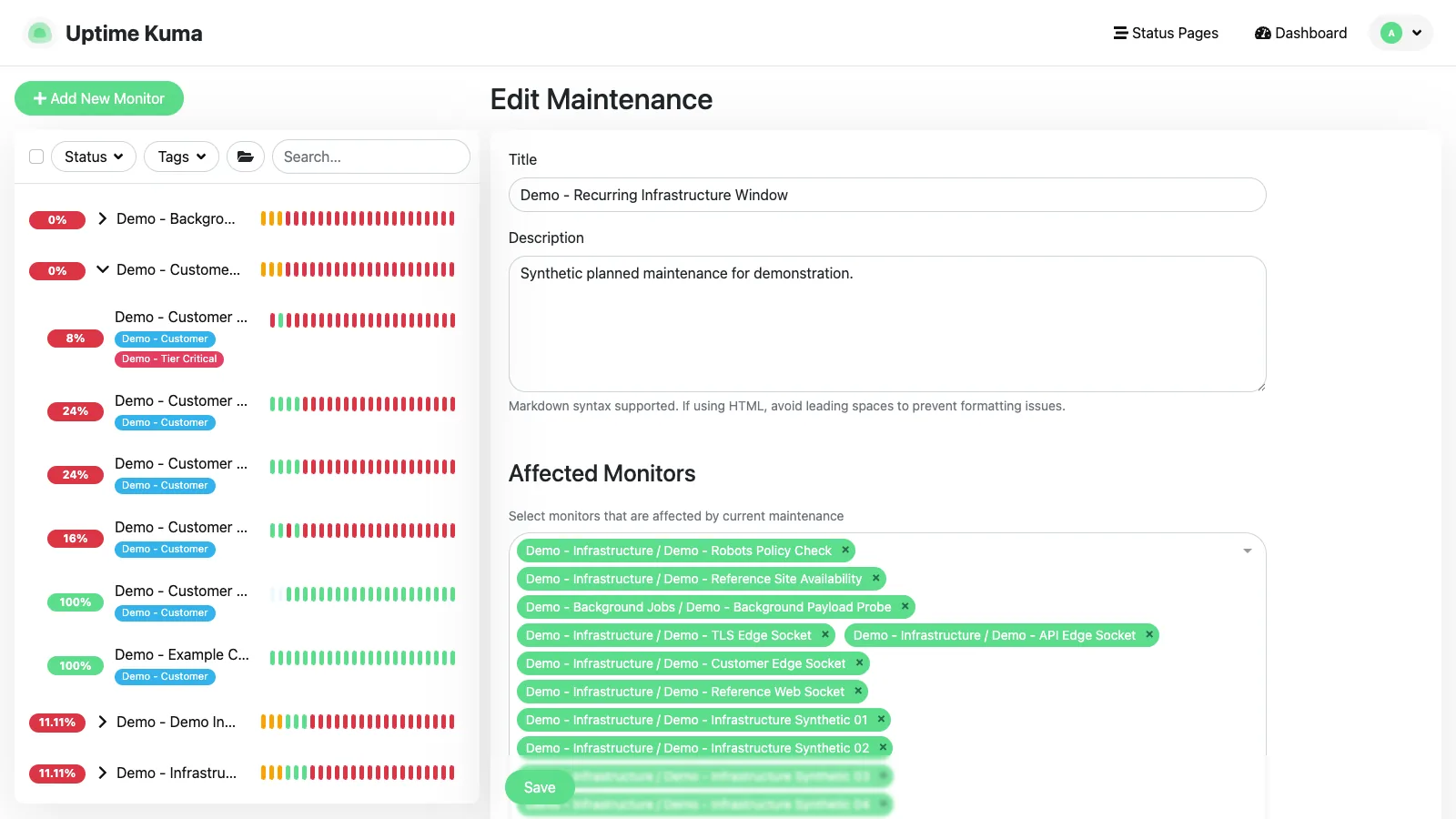 Recurring maintenance details in the Uptime Kuma desktop interface