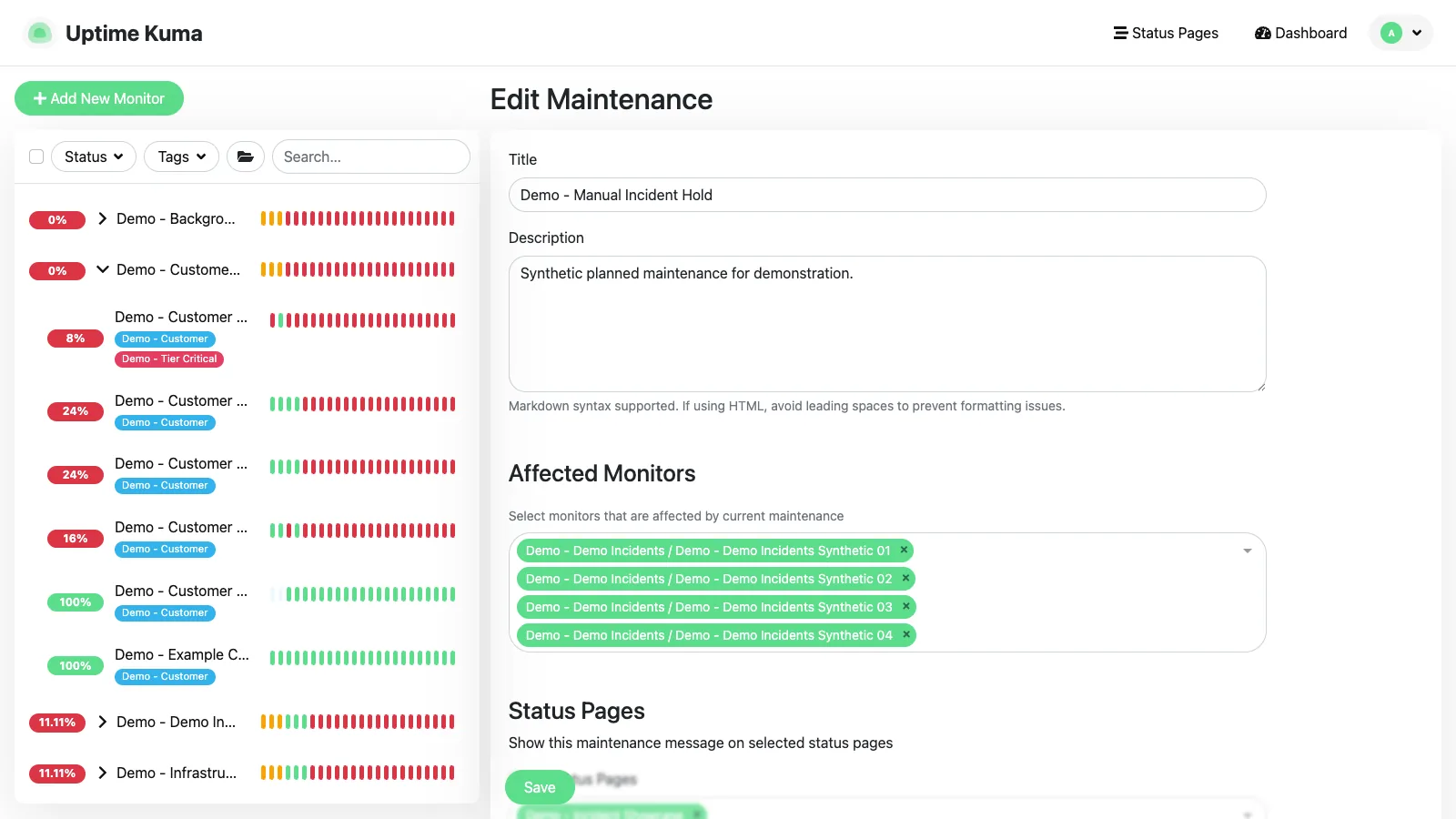 Edit manual incident maintenance in the Uptime Kuma desktop interface