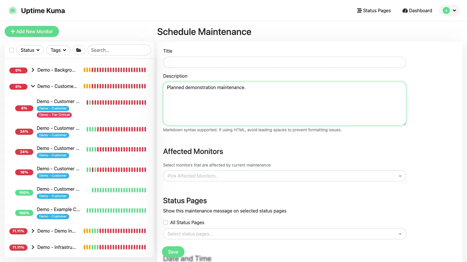 Add maintenance form in the Uptime Kuma desktop interface
