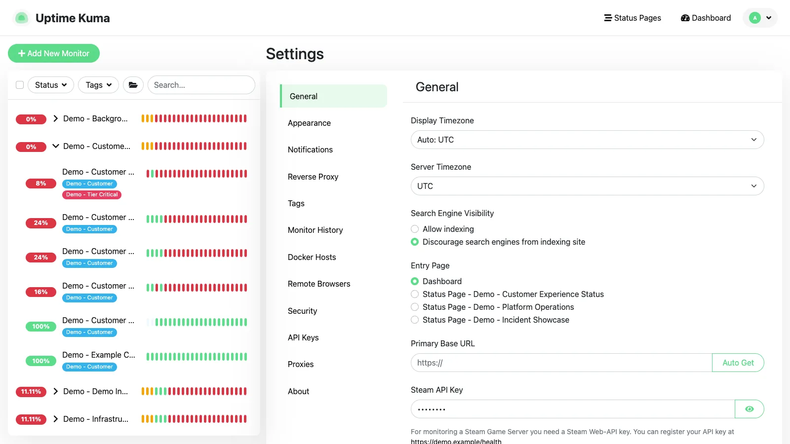 General settings in the Uptime Kuma desktop interface