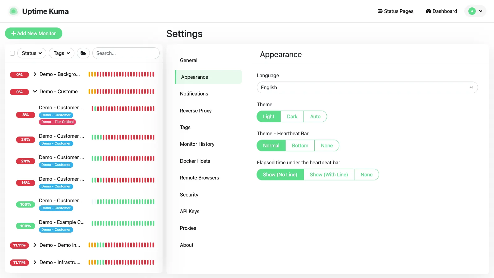 Appearance settings in the Uptime Kuma desktop interface