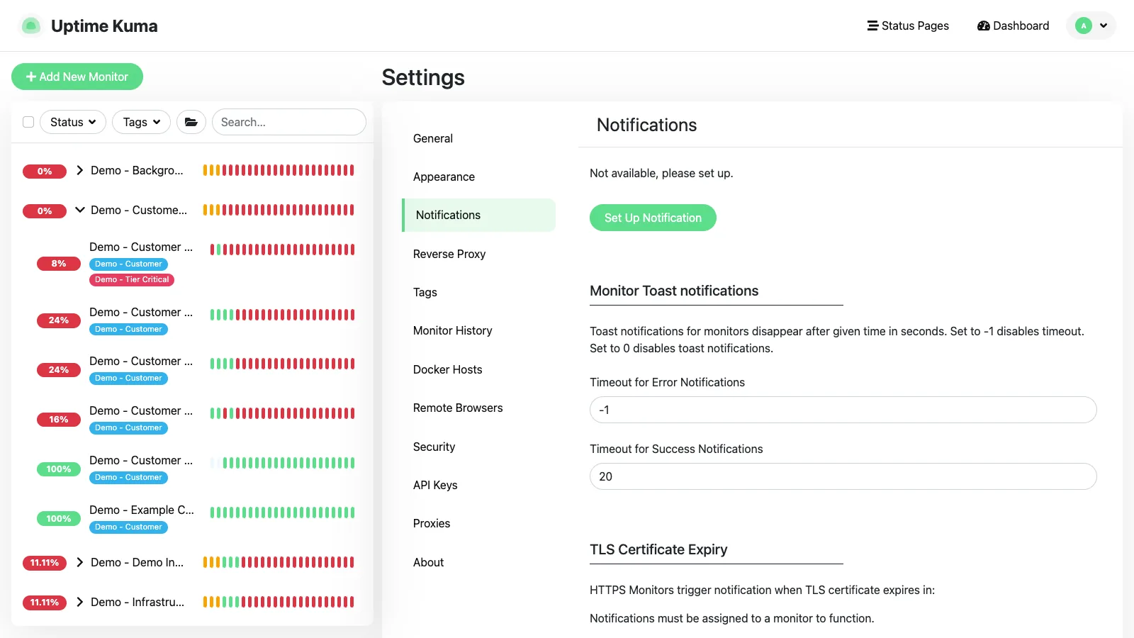 Notification providers list in the Uptime Kuma desktop interface