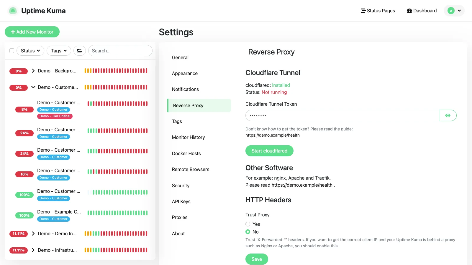 Reverse proxy settings in the Uptime Kuma desktop interface