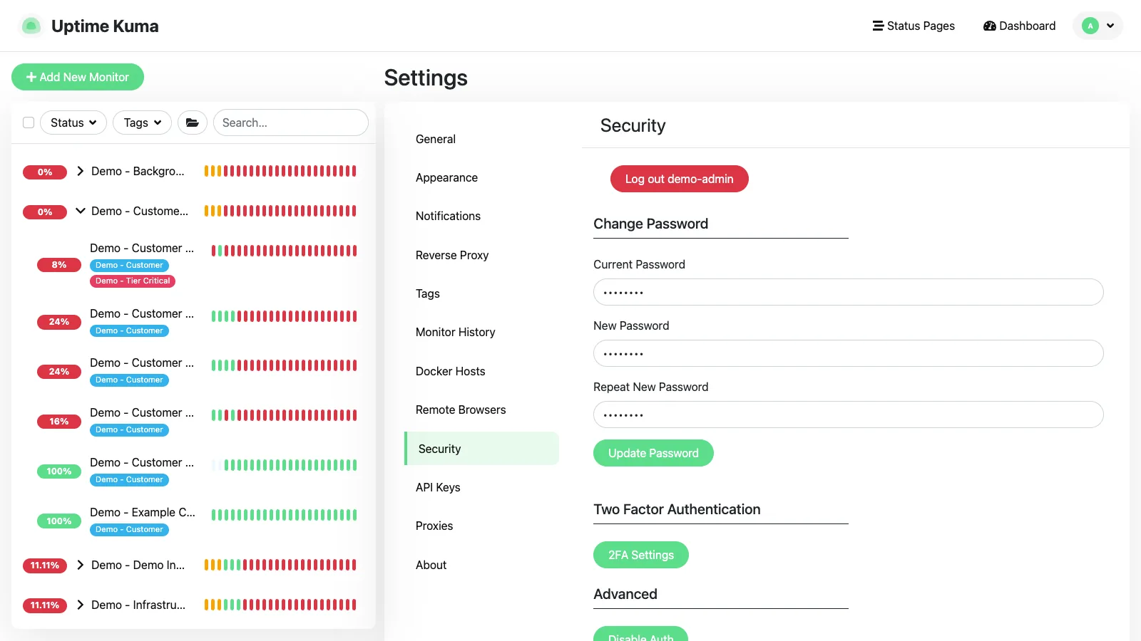 Security settings in the Uptime Kuma desktop interface