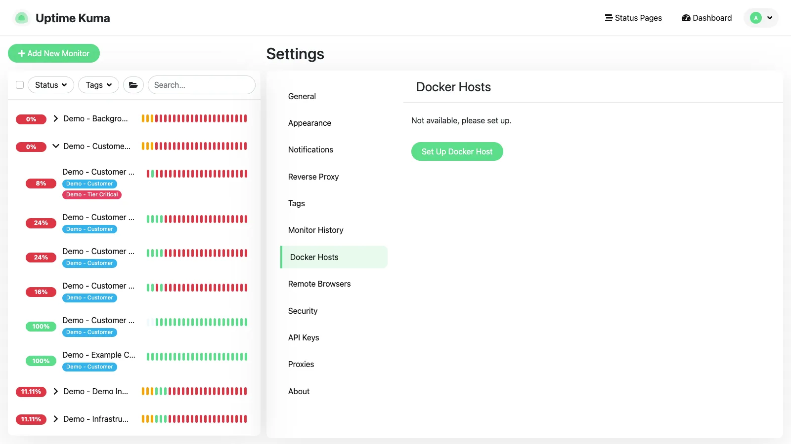 Docker hosts settings in the Uptime Kuma desktop interface